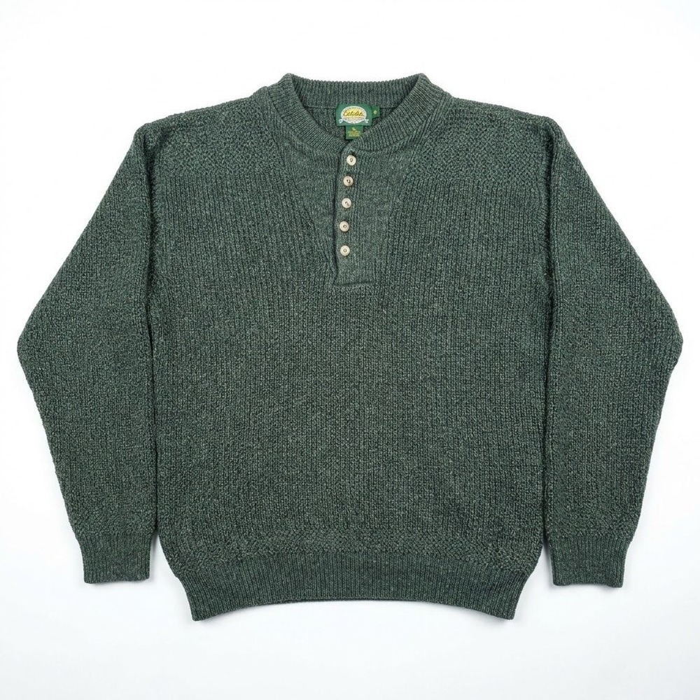 Vintage Cabelas Henley Sweater Mens Large Green Knit Chunky Made in USA Outdoors